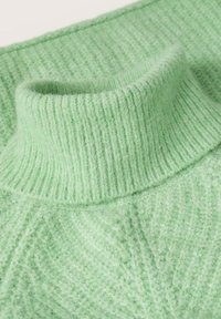 Pull à col roulé vert menthe en maille douce et texturée, doté de détails côtelés et d'une coupe décontractée.