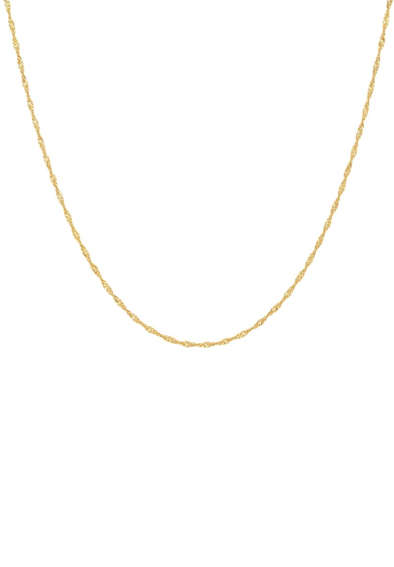 Zlata spiralna veriga za vrat, ki se ponaša z gladko, sijočo površino, lahko zasnovo in neprekinjenim, ozkim spiralnim vzorcem po vsej dolžini.