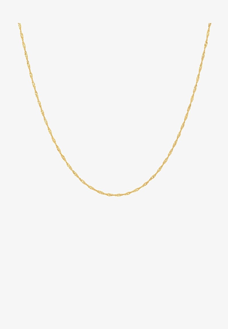 Zlata spiralna veriga za vrat, ki se ponaša z gladko, sijočo površino, lahko zasnovo in neprekinjenim, ozkim spiralnim vzorcem po vsej dolžini.