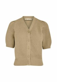 Beige gestrickte Strickjacke mit kurzen Puffärmeln, V-Ausschnitt und fünf Knopfverschluss. Strukturiertes Muster und gerippter Saum.