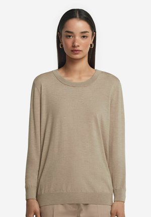 Maglione beige a maglia con maniche lunghe, scollatura rotonda e polsini a costine. Texture morbida con una vestibilità comoda, senza motivi o dettagli degni di nota.