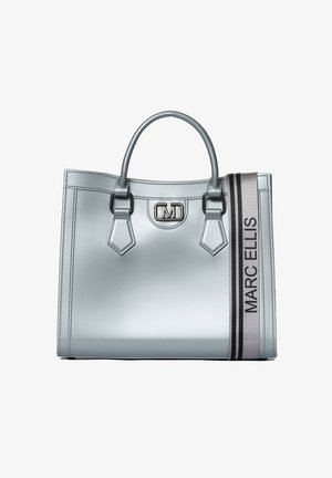 Borsa a tracolla azzurra realizzata in materiale liscio, caratterizzata da una forma strutturata, manici doppi e una tracolla intrecciata con la scritta "MARC ELLIS."