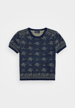 Mørkeblå kortermet strikkegenser med et strukturert blomsterdesign, ferdig med ribbestrikket rund hals og matchende mansjetter.