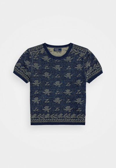 Mørkeblå kortermet strikkegenser med et strukturert blomsterdesign, ferdig med ribbestrikket rund hals og matchende mansjetter.