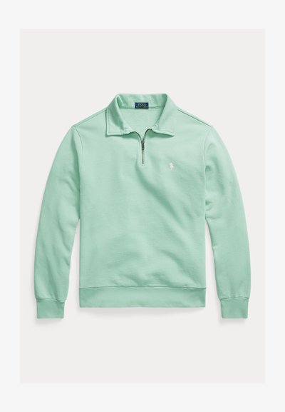 Ανοιχτό πράσινο μακρυμάνικο πουλόβερ με γιακά, μπροστινό φερμουάρ μέχρι τη μέση, ριμπ μανσέτες και τελείωμα, και μικρό κεντητό λογότυπο Polo Ralph Lauren στο στήθος.