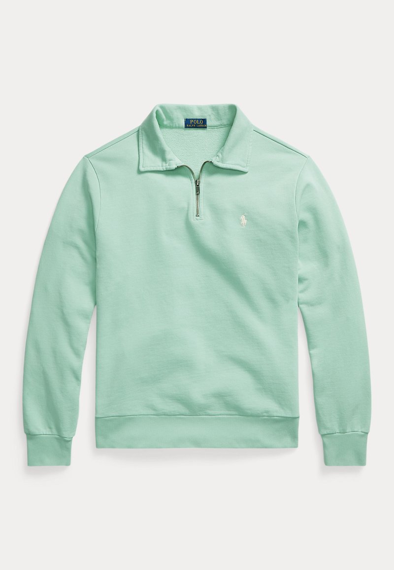 Light green long-sleeve pullover with collar, half-zip front, ribbed cuffs and hem, and small embroidered Polo Ralph Lauren logo on chest.