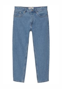 Jean bleu taille haute à jambes droites avec bouton et fermeture éclair à l'avant, cinq poches et passants pour ceinture, posé à plat sur un fond blanc.