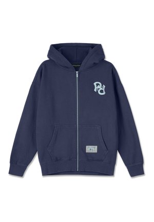 Navy zip-up hoodie in soft cotton with a kangaroo pocket, ribbed cuffs, and a light blue logo on the chest. Features a lined hood.