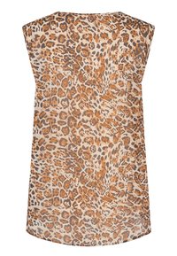 Top sin mangas con un estampado de leopardo en tonos marrones y beige, fabricado con una tela suave y ligera, y con un dobladillo redondeado.