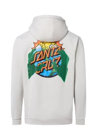 Witte hoodie met een grafisch ontwerp op de achterkant, waarbij een globe is afgebeeld omringd door groene handen en de tekst "SANTA CRUZ."