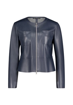 Marineblauwe leren jas met een ronde hals, ritssluiting en twee voorkoeken. Peplumontwerp en een gladde textuur met zichtbare stiksels.