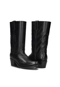Zwarte leren kniehoogse laarzen met een gladde afwerking, ronde neus en een gestapeld hak. Bevat subtiele stiksels en trekleinen voor eenvoudig aan- en uittrekken.