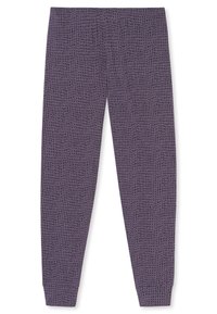 Pantaloni viola realizzati in un tessuto morbido, con una trama testurizzata di piccoli punti neri. La cintura elasticizzata e i polsini affusolati migliorano la vestibilità.