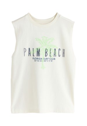 T-shirt blanc sans manches avec un palmier vert et le texte "Palm Beach Florida Surf Club" avec les coordonnées imprimées à l'avant.