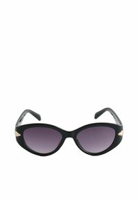 Occhiali da sole a occhi di gatto con montatura nera lucida, lenti sfumate viola e dettagli in metallo color oro sulle aste.