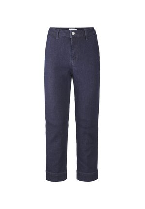 Dunkelblaue Denim-Jeans mit geradem Bein, Knopfverschluss und Gürtelschlaufen, auf Knöchelhöhe gekürzt.