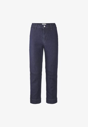 Donkerblauwe denim jeans met rechte pijpen, knoopsluiting en riemlussen, korter bij de enkels.
