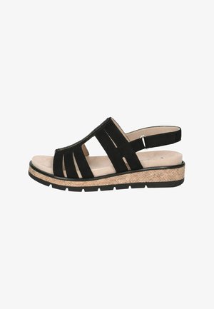 Sandale en daim noir au design ouvert, dotée d'une semelle intérieure rembourrée, d'une bride ajustable et d'une semelle plateforme texturée.