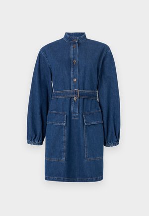 Teksasese kleit kaelusega, ees nupuga kinnitamine, vöökohal vöö, pikad puhvitud varrukad ja kaks eesmist taskut. Tume sinine värv.