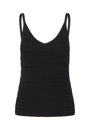 Czarny szydełkowany top bez rękawów z dekoltem w kształcie litery V, cienkimi ramiączkami i teksturowanym wzorem z równymi rzędami. Idealny do noszenia na kilku warstwach lub na co dzień.