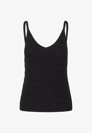 Czarny szydełkowany top bez rękawów z dekoltem w kształcie litery V, cienkimi ramiączkami i teksturowanym wzorem z równymi rzędami. Idealny do noszenia na kilku warstwach lub na co dzień.