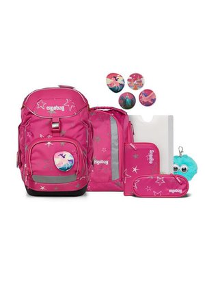 Rosa Schulrucksack- und Zubehörset mit silbernen Sternen, bestehend aus Federmäppchen, Ordner, Ansteckbutton mit Einhorn-Motiven und einem blauen flauschigen Schlüsselanhänger.
