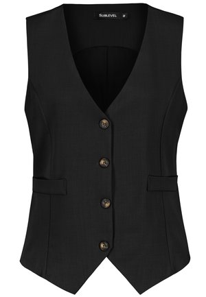 Black sleeveless vest with V-neck, four brown buttons down the front, tailored fit, and two side flap pockets.