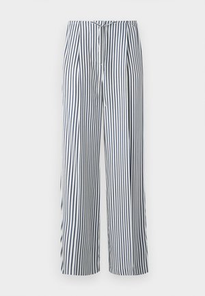 Calças largas listradas em branco e azul-marinho, com um cós elástico ajustável. Confeccionadas a partir de um tecido leve com uma textura suave.
