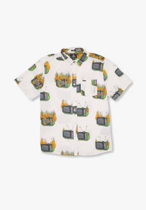 Chemise blanche à manches courtes avec boutons, imprimée de téléviseurs rétro verts en feu sur toute la surface, avec une poche poitrine avant.