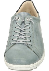 Light blue leather sneaker with a smooth texture, featuring gray laces and eyelets, rounded toe, and white rubber sole.