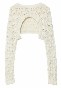 Witte gebreide crop sweater met een textuur vol open steken en lange mouwen, voorzien van een ronde halslijn en een open rugdetail.