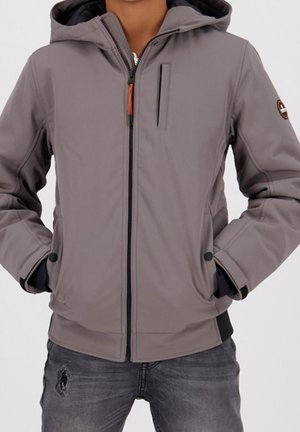 Szara kurtka na zamek z kapturem, z kieszenią na klatce piersiowej, czarnymi akcentami i detalami na guzikach. Wykonana z gładkiego, elastycznego materiału.