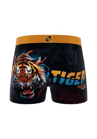 Des caleçons noirs présentent un graphique de tigre vibrant, une taille orange et des détails texturés en motifs bleus et rouges. "TIGER INDIA" imprimé en évidence.