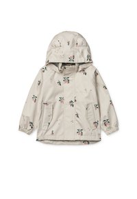 Lichtbeige waterdichte jas met capuchon, voorzien van een bloemenpatroon in roze en groen, elastische manchetten en twee voorke pockets.