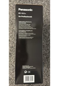 Panasonic ER 1512 K trimmerdoos, zwart met witte tekst, bevat productdetails in meerdere talen, streepjescode en CE-markering.