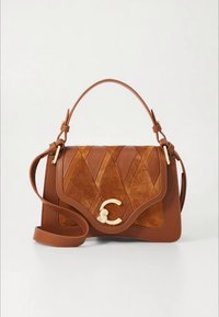 Brown leather handbag with suede and smooth textures, featuring a diamond pattern on the flap, gold hardware, and a detachable strap.