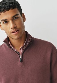 Bordeauxfarbener Pullover mit halbem Reißverschluss und strukturiertem Strick, über einem rot-weiß gestreiften Hemd getragen.