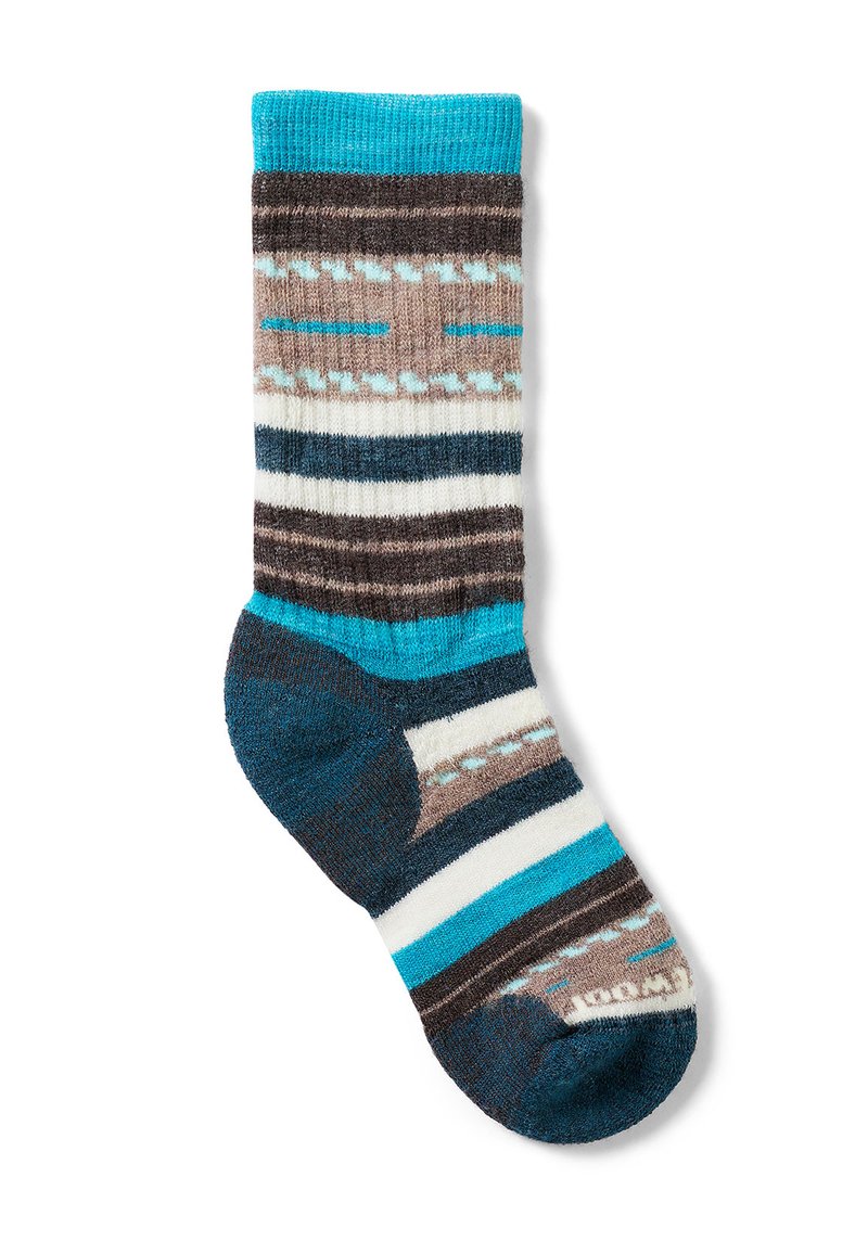 Calcetines a rayas en azul, marrón y blanco con un patrón de punto texturizado. Presentan un puño en turquesa y punteras reforzadas para mayor durabilidad.