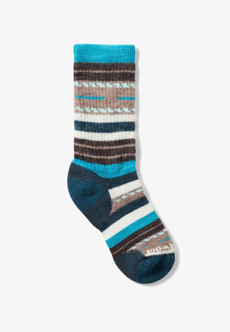 Calcetines a rayas en azul, marrón y blanco con un patrón de punto texturizado. Presentan un puño en turquesa y punteras reforzadas para mayor durabilidad.