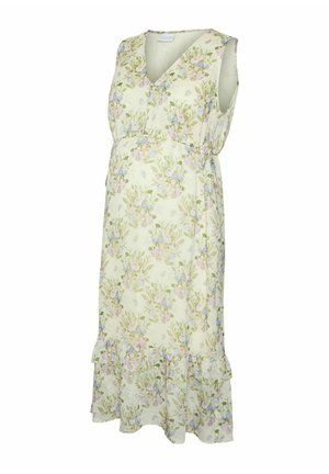 Robe de maternité florale en tissu jaune clair ; présente un col en V, un design sans manches et un ourlet à volants ; ornée de motifs floraux pastel.