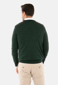 Maglione verde a maglia con scollatura rotonda e maniche lunghe, abbinato a pantaloni beige chiaro, che mostrano una texture liscia e un design semplice.