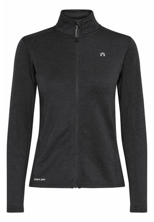 Czarna kurtka zapinana na zamek błyskawiczny z wysokim kołnierzem, teksturowany materiał, długie rękawy i napis "QUICK DRY" na dolnym lewym boku.