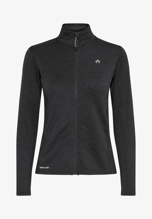 Giacca nera con zip e colletto alto, tessuto strutturato, maniche lunghe e la scritta "QUICK DRY" stampata sul lato sinistro in basso.