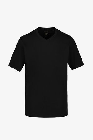 Camiseta negra de manga corta con cuello en V, diseño sencillo y un pequeño logo cerca del dobladillo inferior sobre fondo blanco.