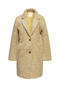 Manteau texturé jaune et gris avec un col cranté, deux boutons et des poches latérales. Intérieur doublé de jaune uni.