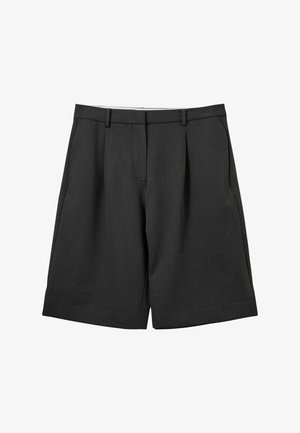 Sötétszürke, redősített, texturált anyagból készült rövidnadrág. Testhez simuló szabású, oldalzsebekkel és övhurkokkal, térd fölé ér.