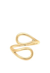 Goldfarbener Ring mit einem fließenden, offenen Design, das durch glatte, abgerundete Formen und eine polierte Oberfläche besticht und einen modernen, minimalistischen Look erzeugt.