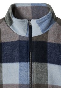 High-collar fleece jacket with a front zipper, featuring large light blue, gray, and navy checkered pattern.