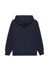 Felpa blu navy realizzata in materiale morbido, con tasca a marsupio e cappuccio regolabile, rifinita con polsini e orlo a costine.