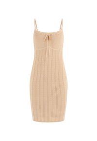 Knit bodycon dress in light beige. Features ribbed texture, spaghetti straps, and front tie detail. Fitted silhouette with vertical stripes.